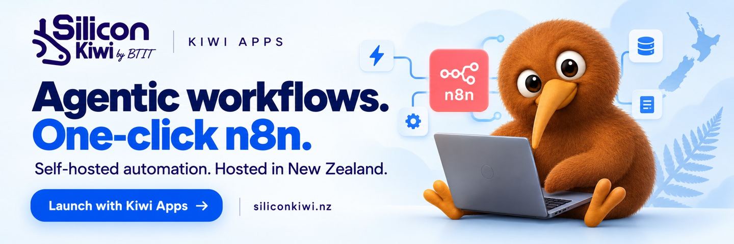 SiliconKiwi Kiwi Apps: Agentic workflows. One-click n8n. Self-hosted automation hosted in New Zealand. Launch with Kiwi Apps.