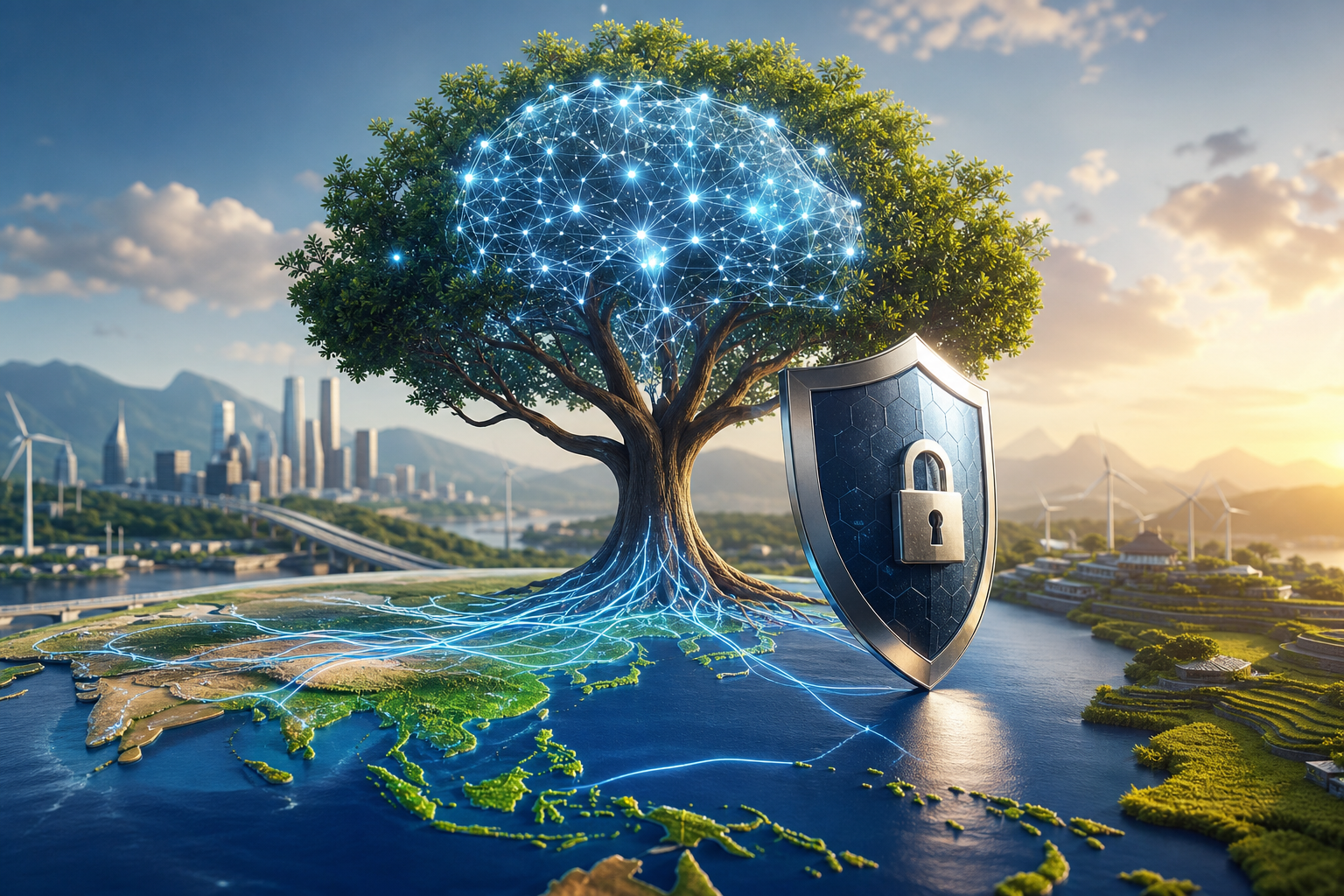 Conceptual illustration for: Asian Development Bank Advances AI Support and Risk Management for Asia-Pacific Economies