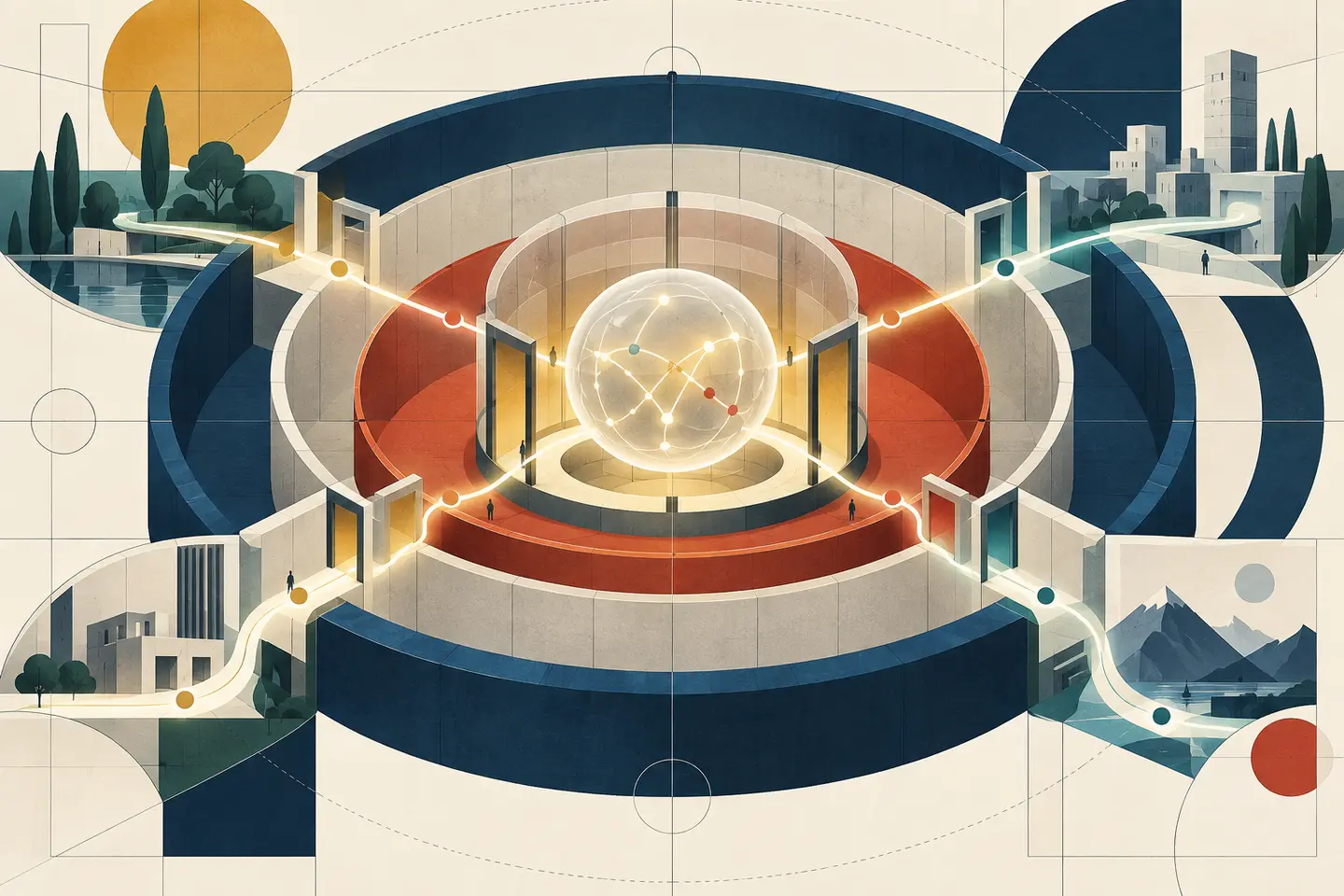 Geometric architectural safety zones containing autonomous AI decision pathways.