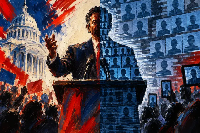 Expressionist editorial art representing disclosure and accountability in AI-generated political media.