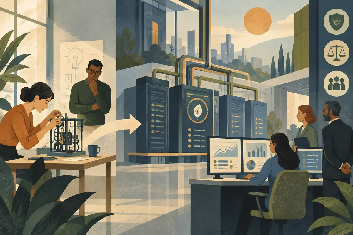 Modernist illustration of an AI prototype becoming a governed operational system.