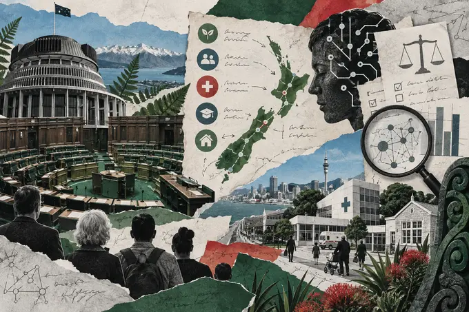 Editorial collage connecting New Zealand public institutions, AI strategy and delivery accountability.