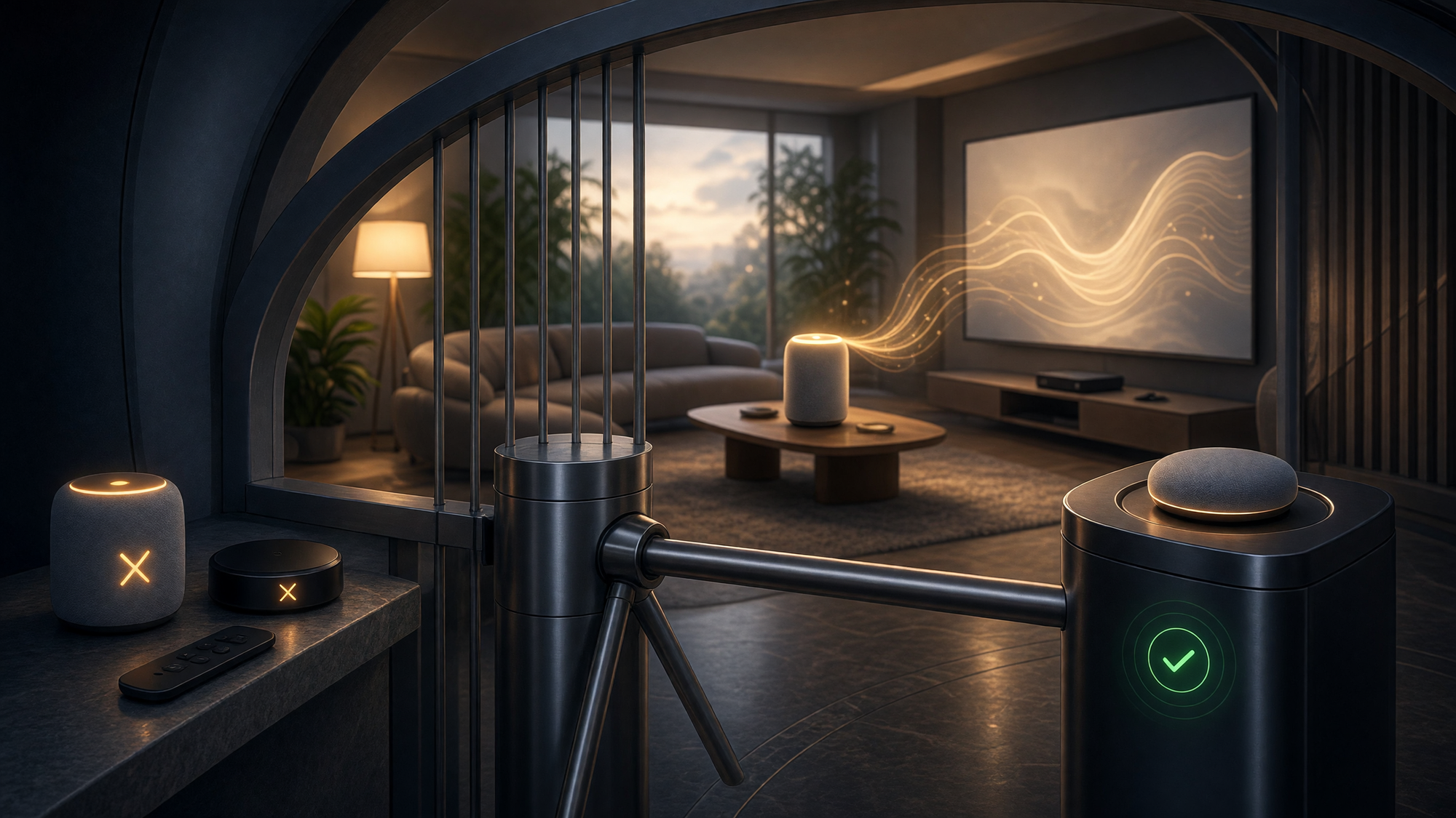 Conceptual editorial illustration for: The Ecosystem Tax: How Apple's Smart Home AI Gates the Living Room