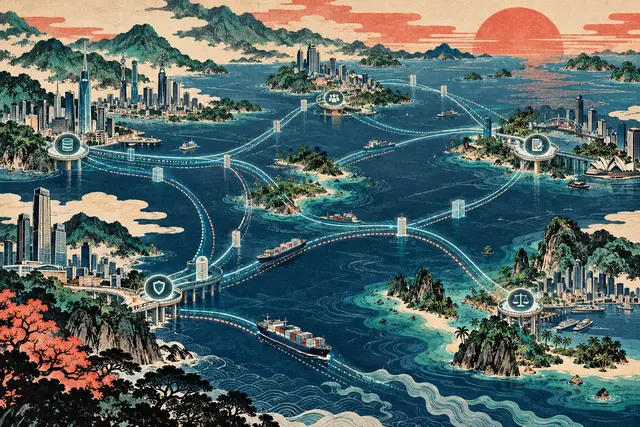 Woodblock-inspired Asia-Pacific seascape linked by operational governance pathways.
