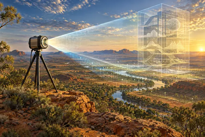 Surreal editorial landscape representing practical AI safety testing in Australia.