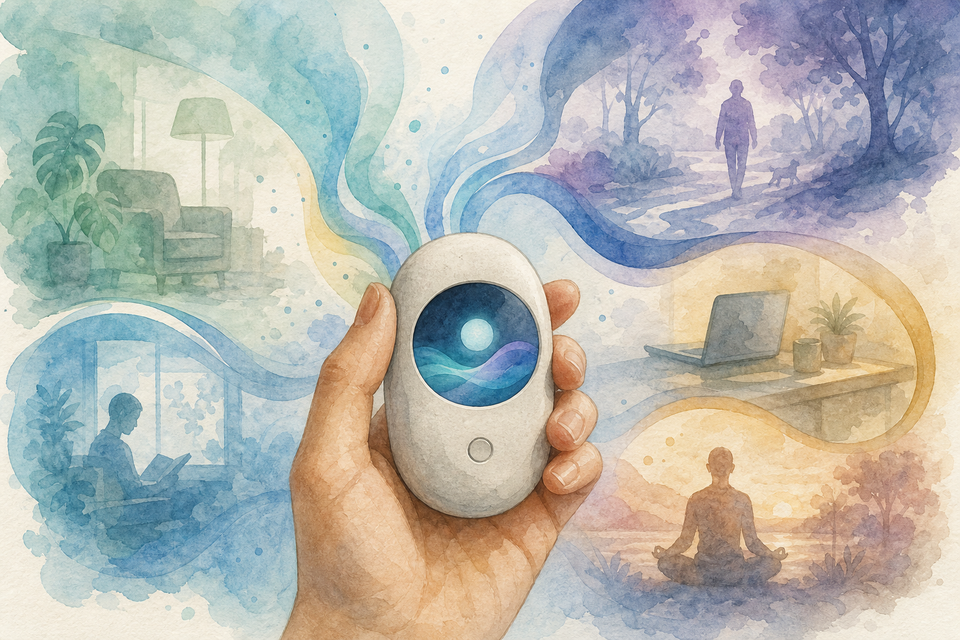 Conceptual illustration for: Meta Unveils Meta Charm: A Handheld AI Assistant Device with Muse Integration