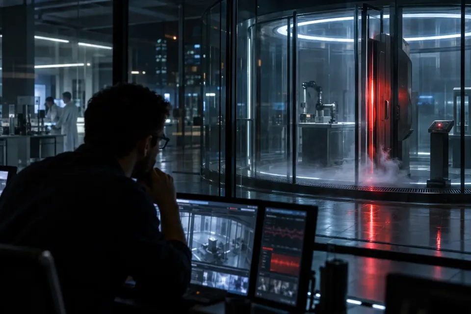 A security engineer observing a containment alert inside a controlled AI research laboratory.