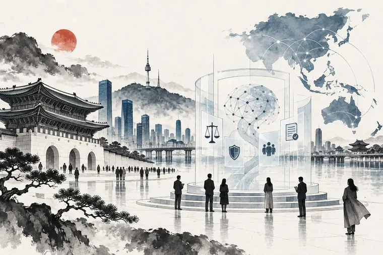 Contemporary ink illustration of South Korean AI regulation and accountable urban systems.