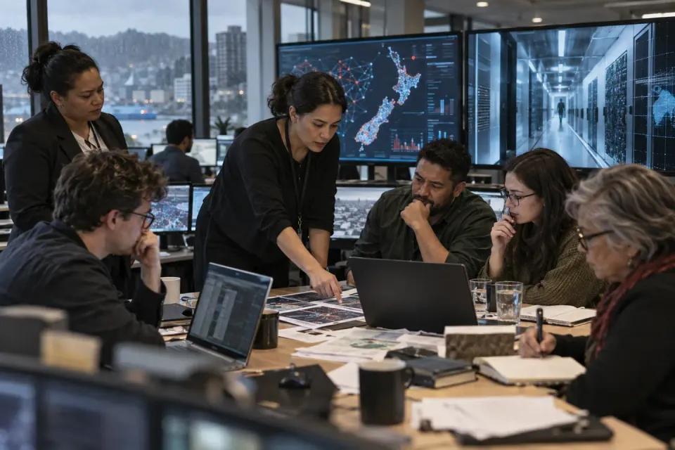 A New Zealand newsroom team reviewing election integrity and AI laboratory security evidence.