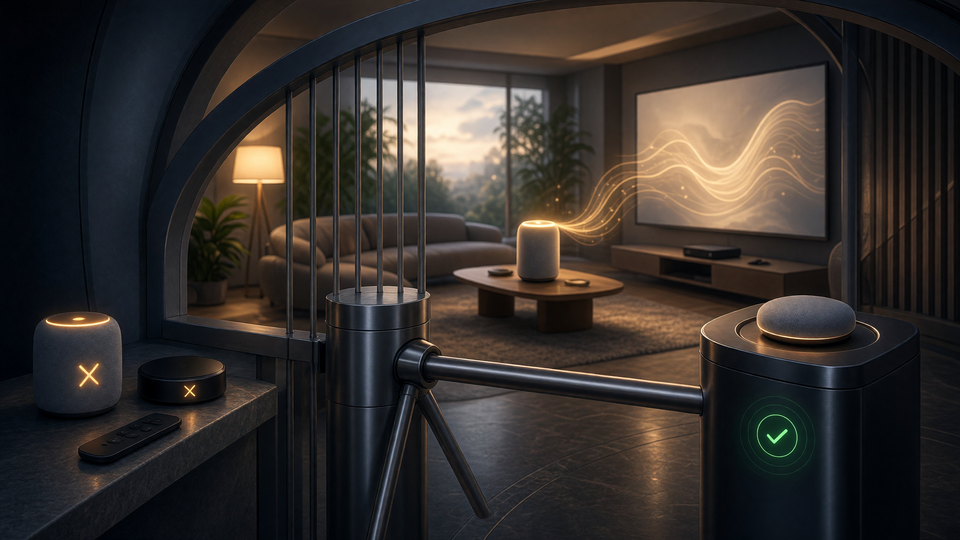 Conceptual editorial illustration for: The Ecosystem Tax: How Apple's Smart Home AI Gates the Living Room