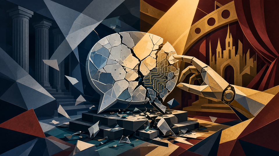 Conceptual editorial illustration for: Character.AI Files for Bankruptcy as Disney Secures $20 Million Asset Bid